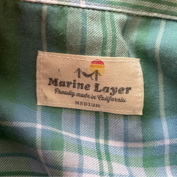Marine Layer Plaid Button Up Shirt Medium Long Sleeve Green Blue - Picture 4 of 5